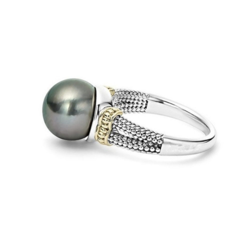 Elegant 925 Silver Round Cut Black Pearl Ring New - Picture 3 of 5